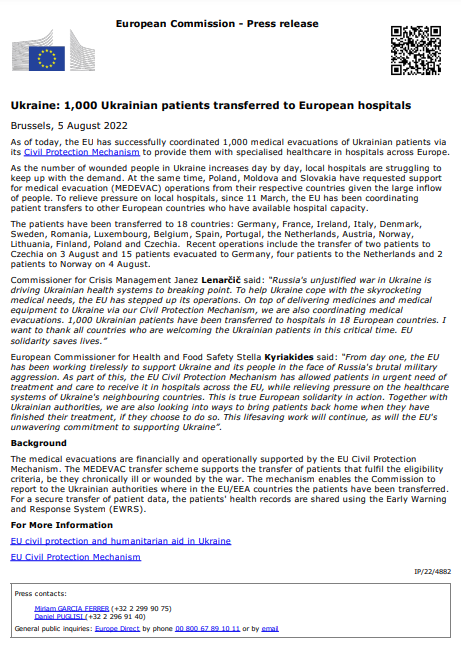 En este momento estás viendo Ucrania: 1.000 pacientes ucranianos trasladados a hospitales europeos